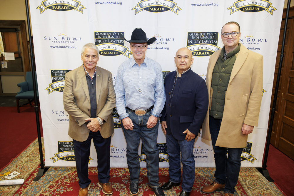 Bernie Olivas (Excutive Director of Sun Bowl Association), Tuff Hedeman (Grand Marshal) Noe Valles of GLASHEEN, VALLES & INDERMAN INJURY LAWYERS and Travis Hughes (2023 SBA Board President)